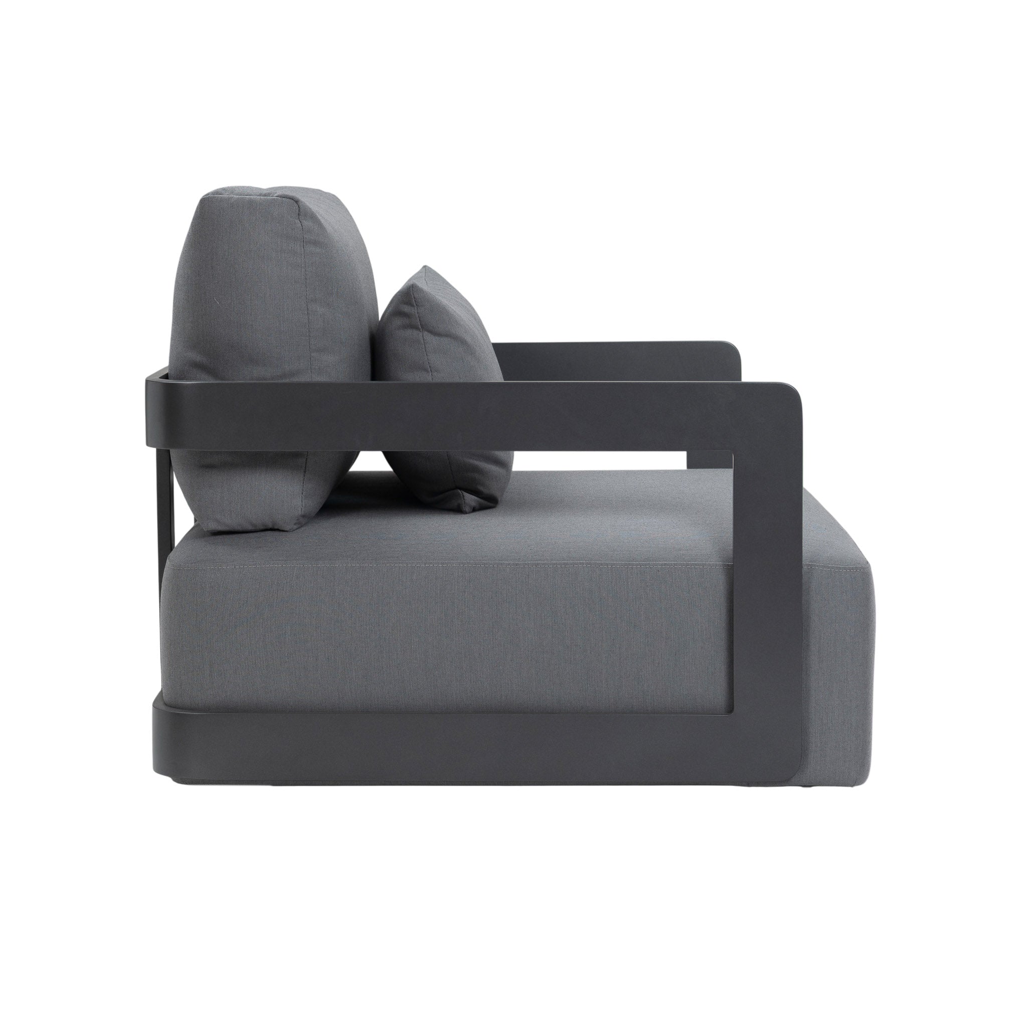 Franco aluminium lounge chair in black with deep seating seat and back cushion. Side view.