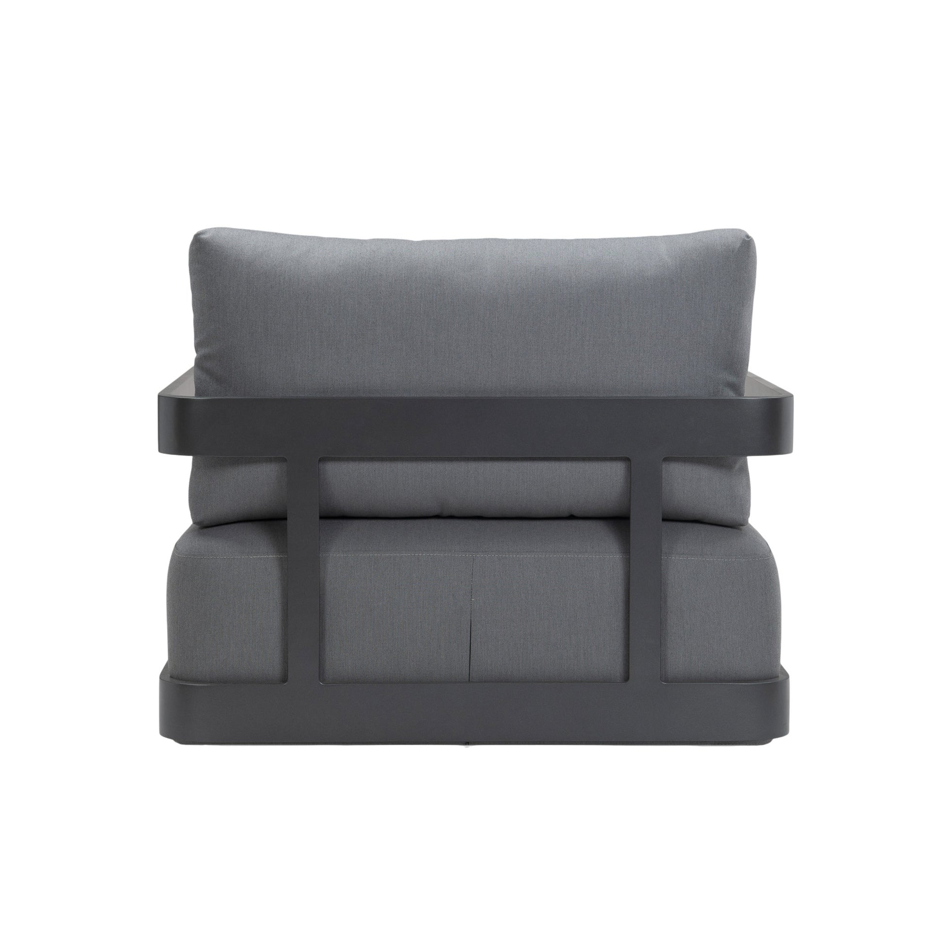 Franco aluminium lounge chair in black with deep seating seat and back cushion. Rear view.