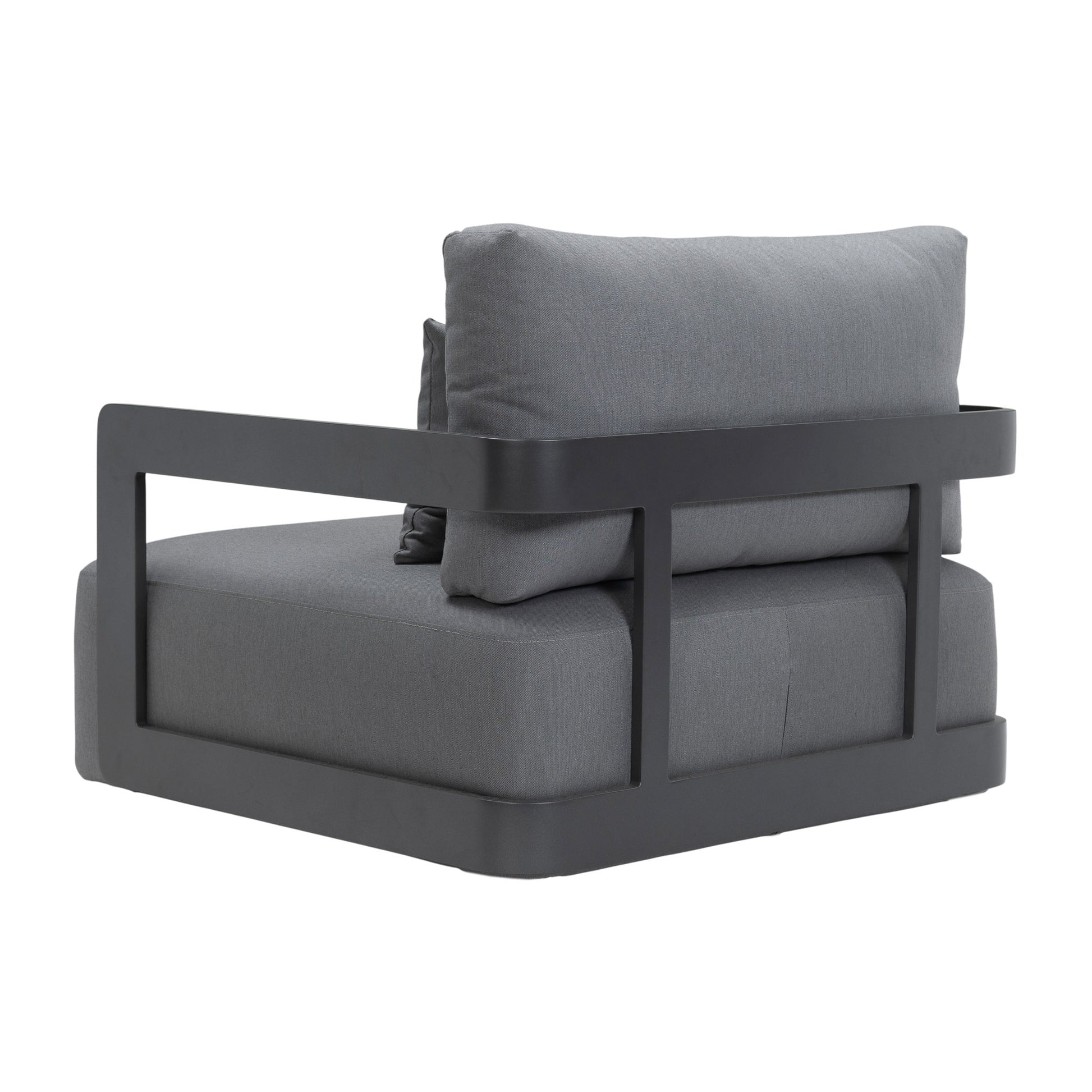 Franco aluminium lounge chair in black with deep seating seat and back cushion. Rear angle view.