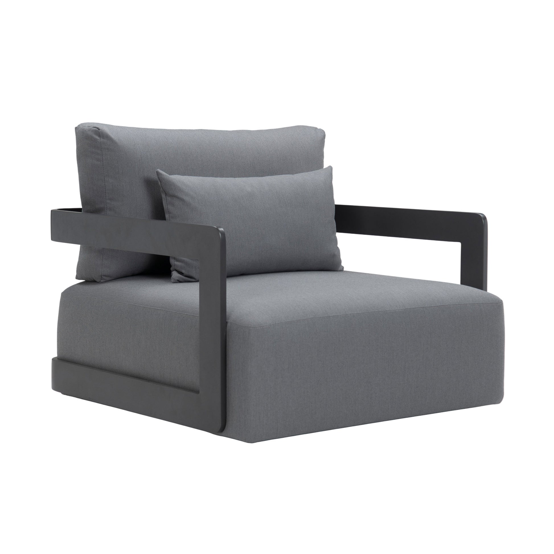 Franco aluminium lounge chair in black with deep seating seat and back cushion. Front angle view.