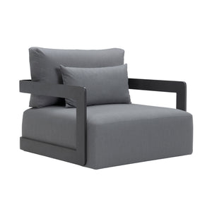 Franco aluminium lounge chair in black with deep seating seat and back cushion. Front angle view.