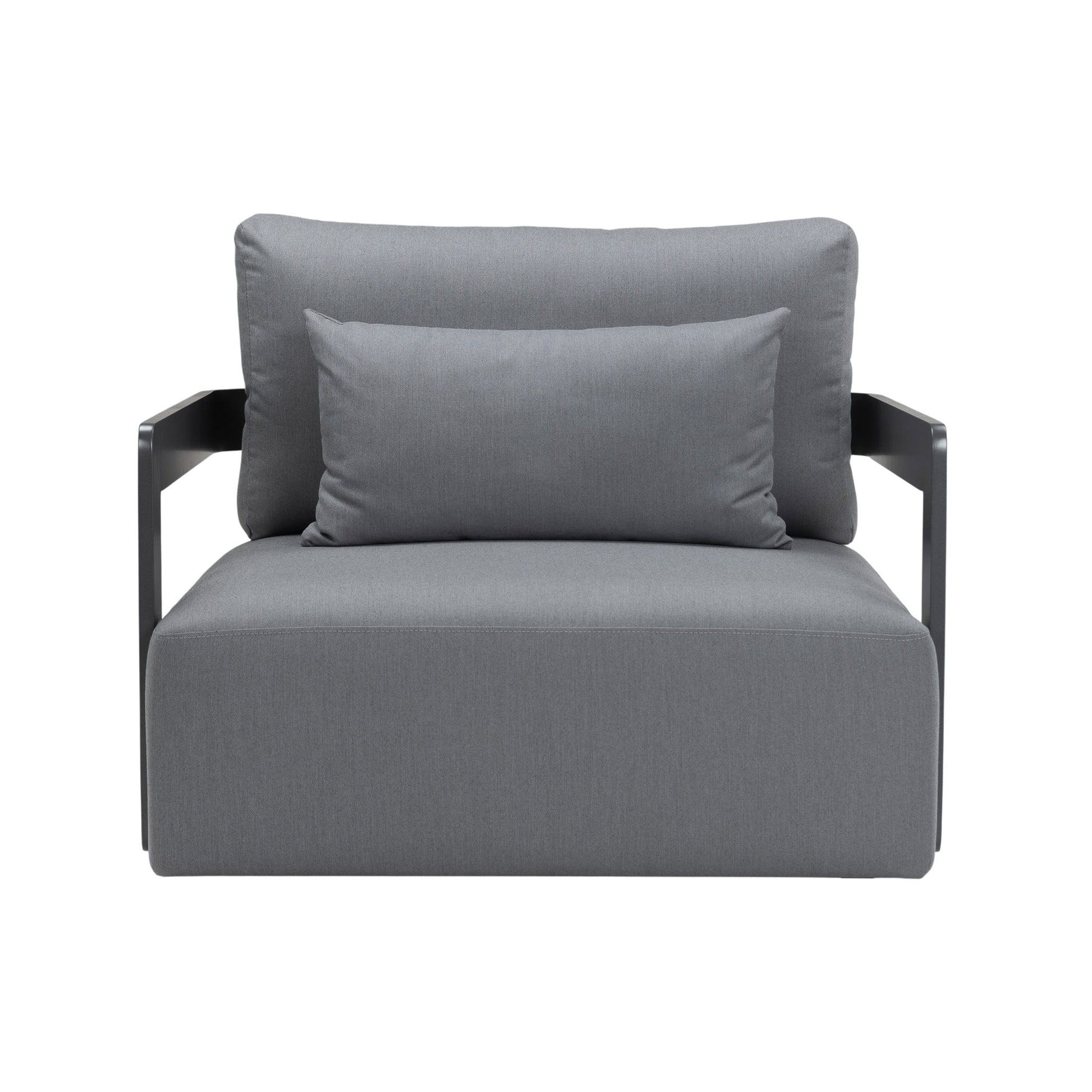Franco aluminium lounge chair in grey with black frame and deep seating cushions with a large pillow for back support. 
