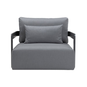 Franco aluminium lounge chair in grey with black frame and deep seating cushions with a large pillow for back support. 