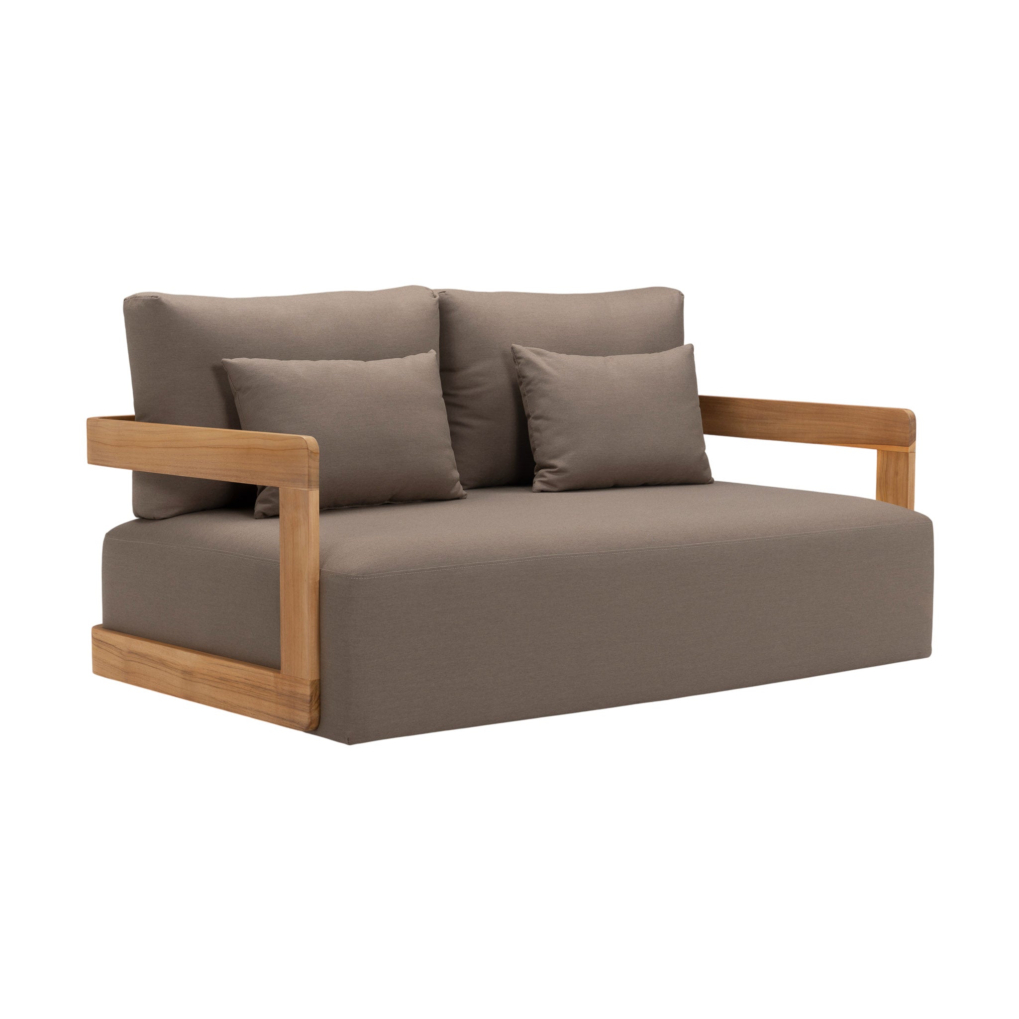 Franco teak 2-seater sofa with deep seating cushion and back rest. Front angle view.