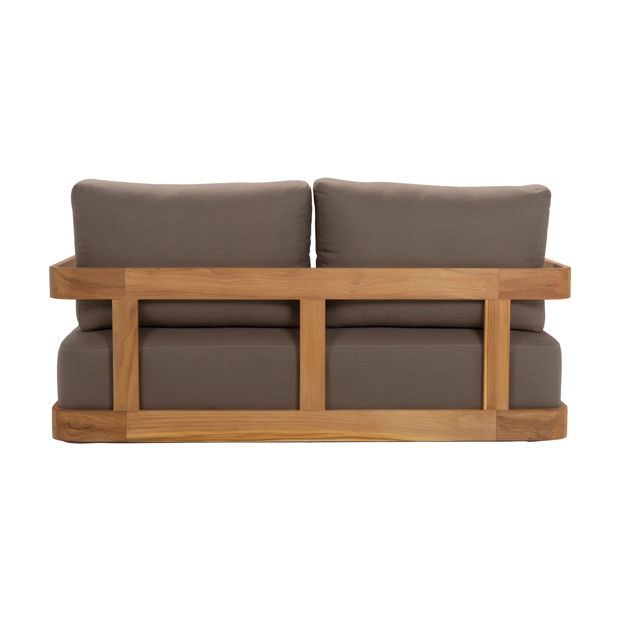 Franco teak 2-seater sofa with deep seating cushions. Rear view.