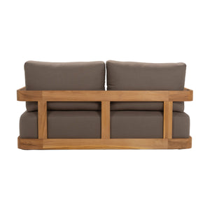 Franco teak 2-seater sofa with deep seating cushions. Rear view.