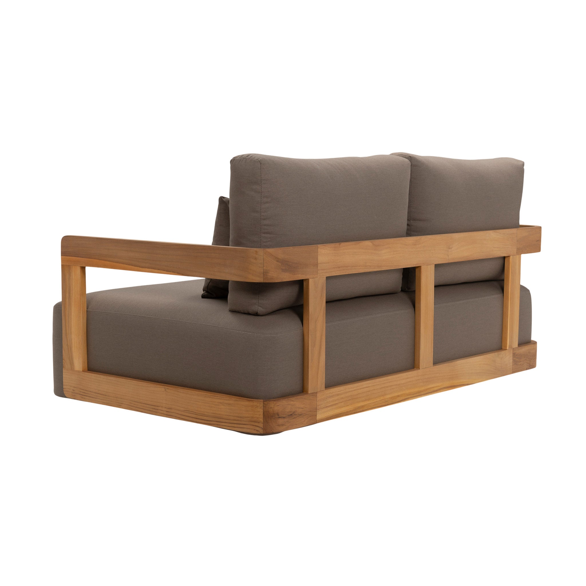 Franco teak 2-seater sofa with deep seating cushions and back cushions with two pillows. Rear angle view.