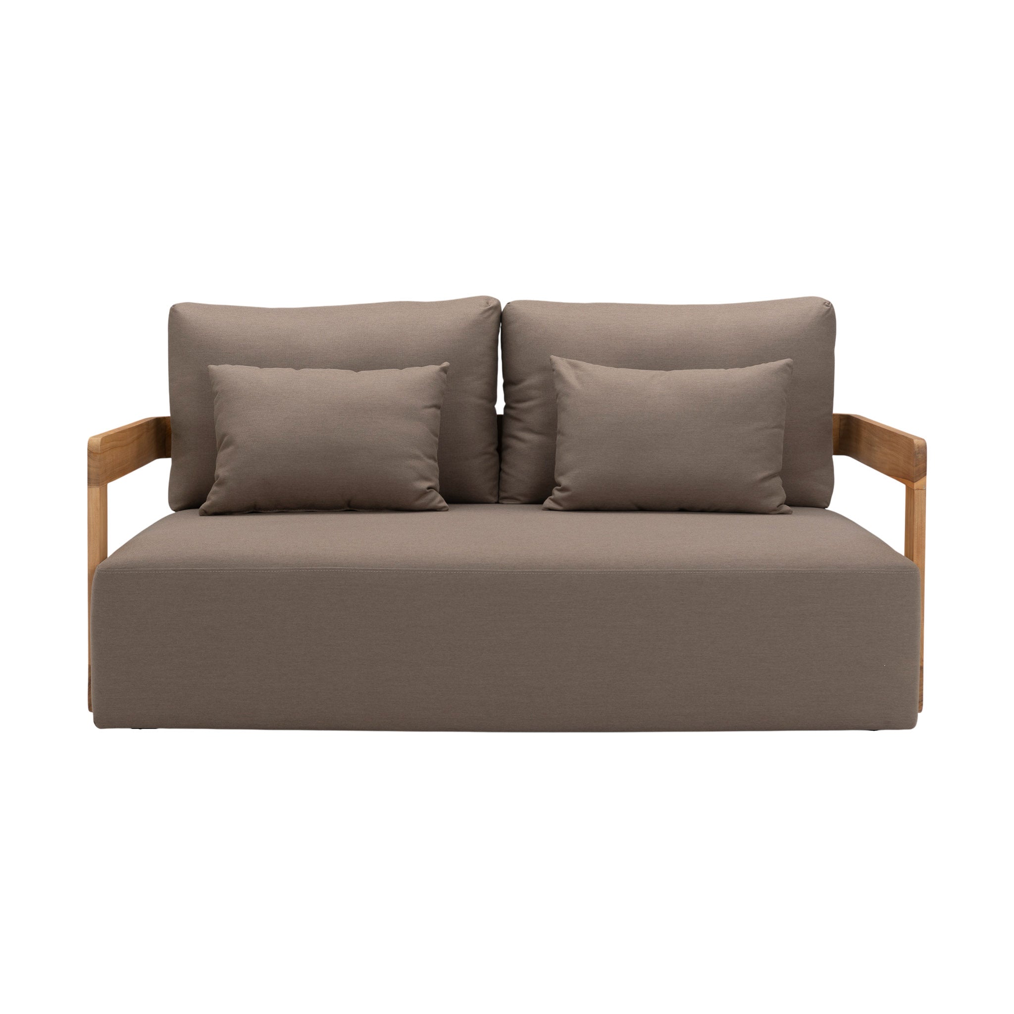 Franco teak 2-seater sofa with deep seating cushions and back cushions with two pillows. Front view.