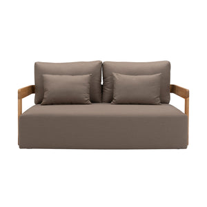 Franco teak 2-seater sofa with deep seating cushions and back cushions with two pillows. Front view.