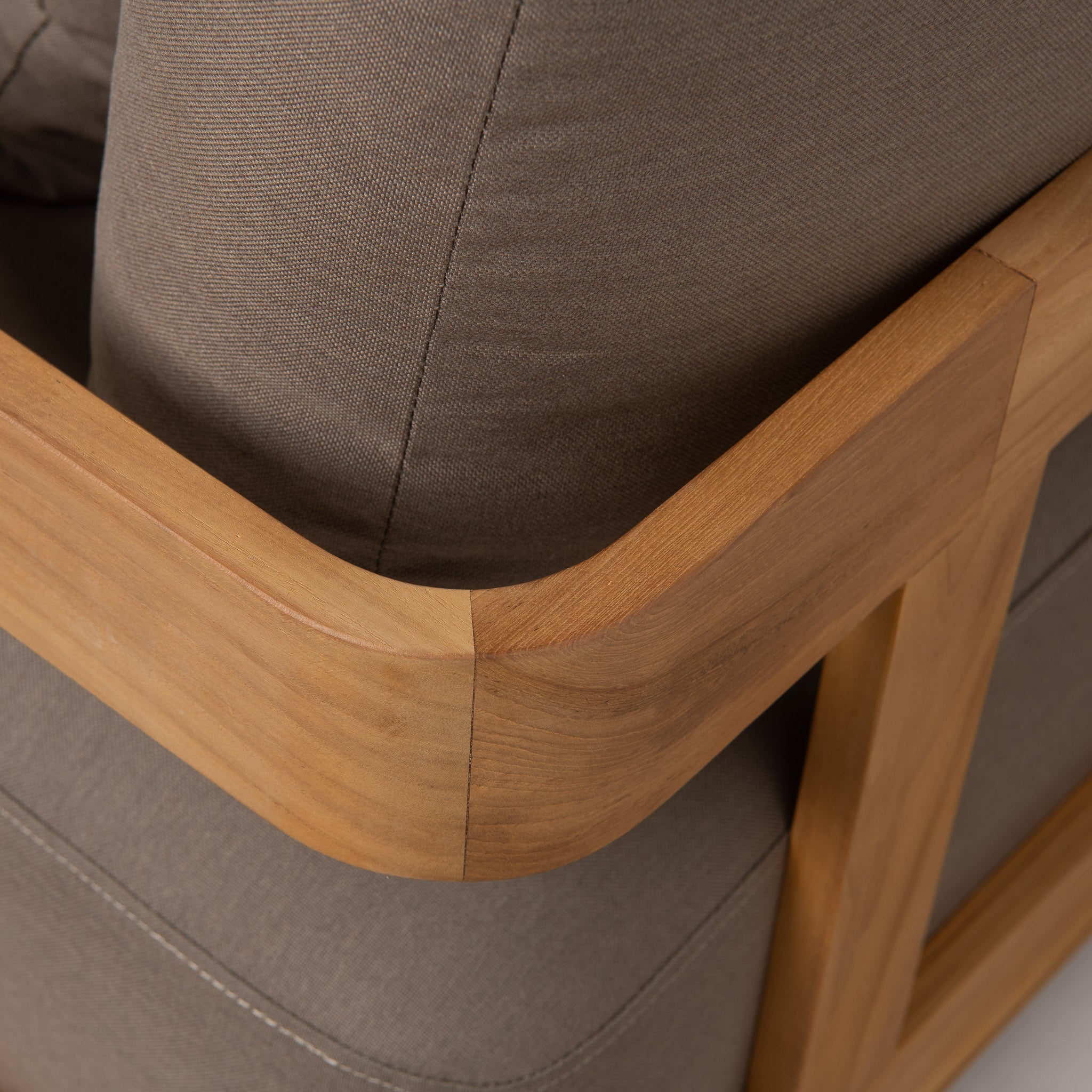 Closeup of teak frame and cushions for Franco outdoor lounge chair and sofa