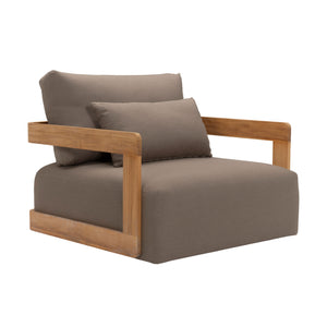 Franco teak lounge chair with deep seating and back cushions including a back pillow cushion. Front angle view.