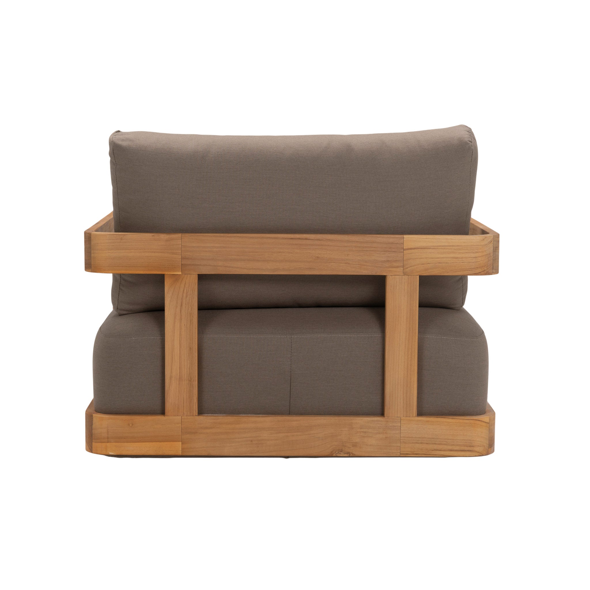 Franco teak lounge chair with deep seating and back cushions including a back pillow cushion. Rear view.