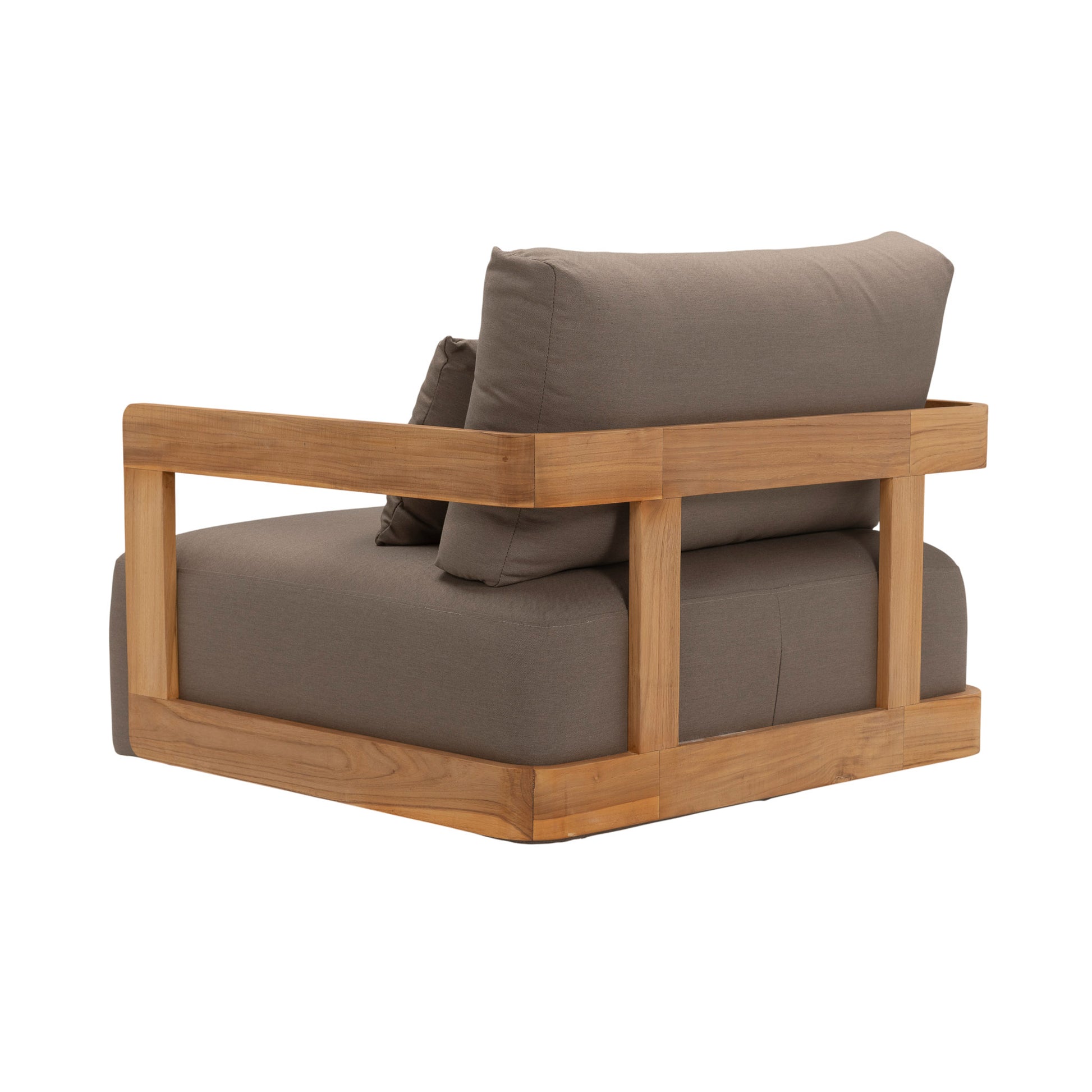 Franco teak lounge chair with deep seating and back cushions including a back pillow cushion. Rear angle view.
