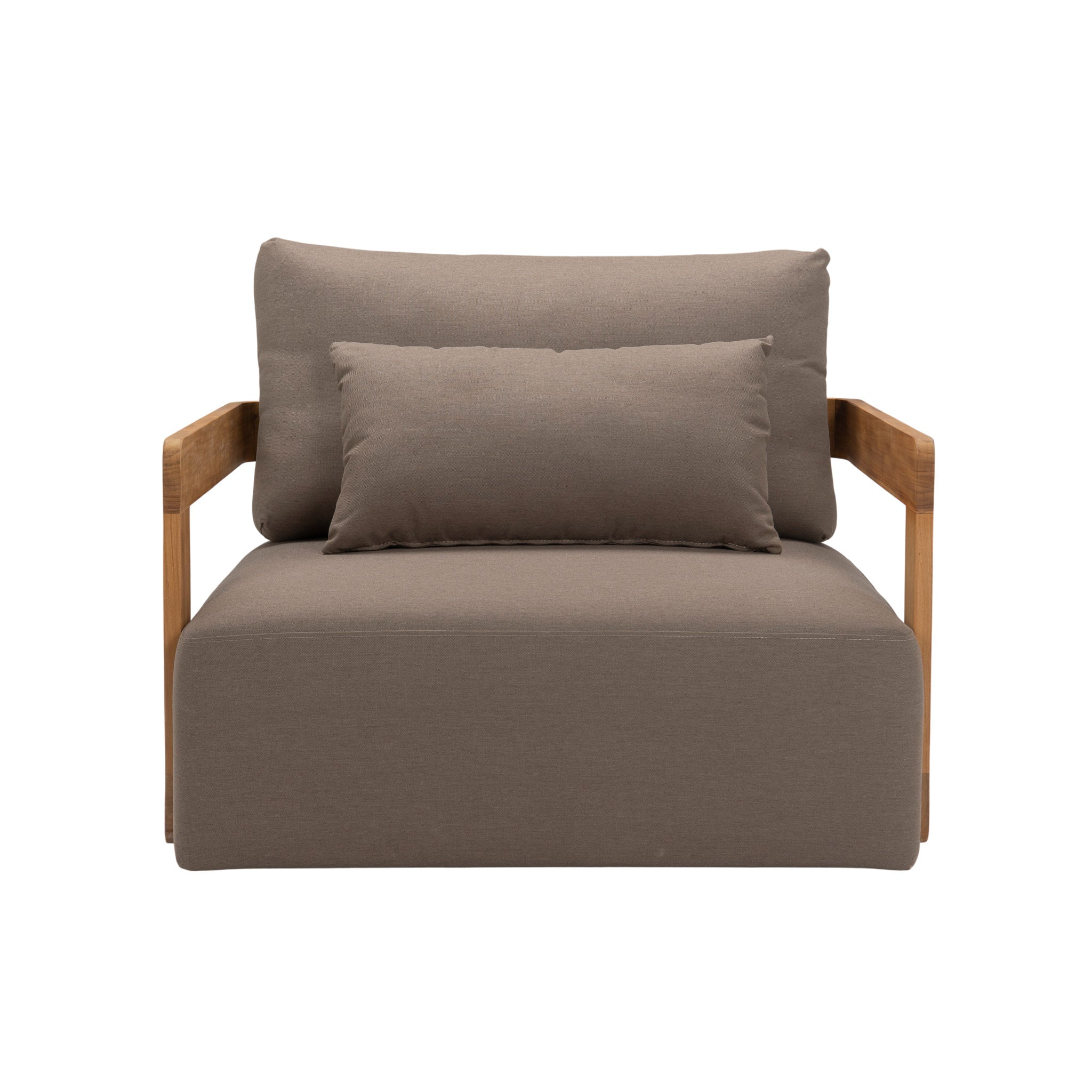 Franco teak lounge chair with deep seating and back cushions including a back pillow cushion. Front view.