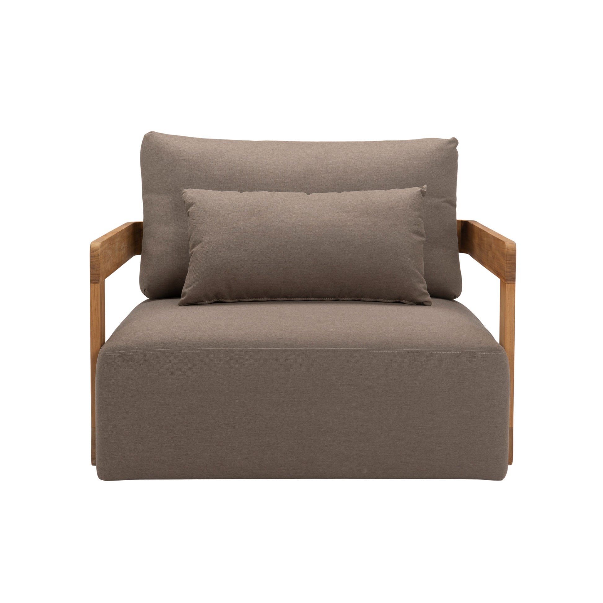 Franco teak lounge chair with deep seating and back cushions including a back pillow cushion. Front view.