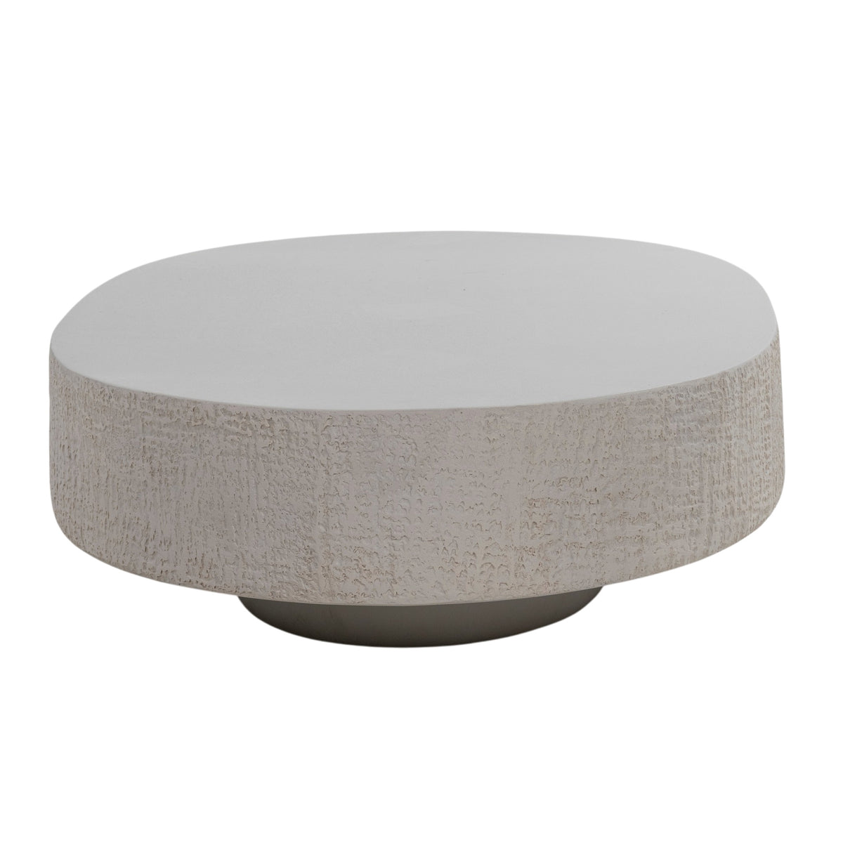 A modern round coffee table with a textured light gray concrete-like outer body and a smooth white top surface, set against a plain white background.