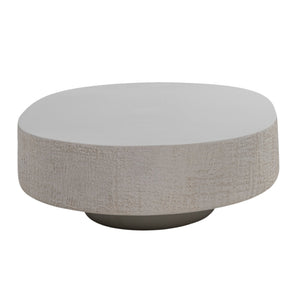 A modern round coffee table with a textured light gray concrete-like outer body and a smooth white top surface, set against a plain white background.