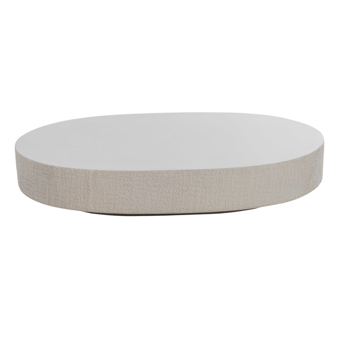 An oval coffee table with a smooth grey top and a textured light grey base, shown against a plain white background.