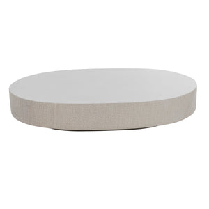 An oval coffee table with a smooth grey top and a textured light grey base, shown against a plain white background.