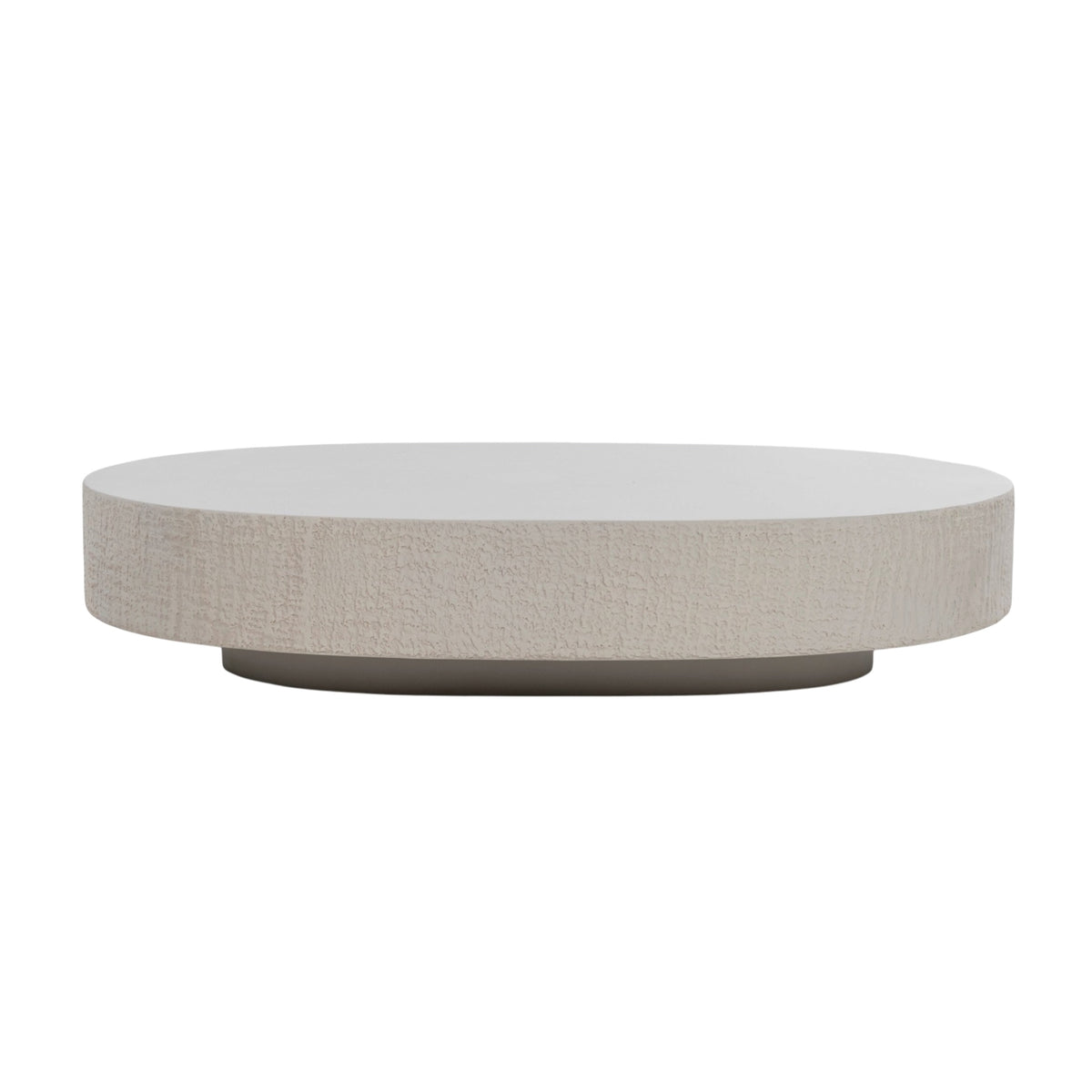 Front view of a low profile oval Garda outdoor coffee table in grey with a white background