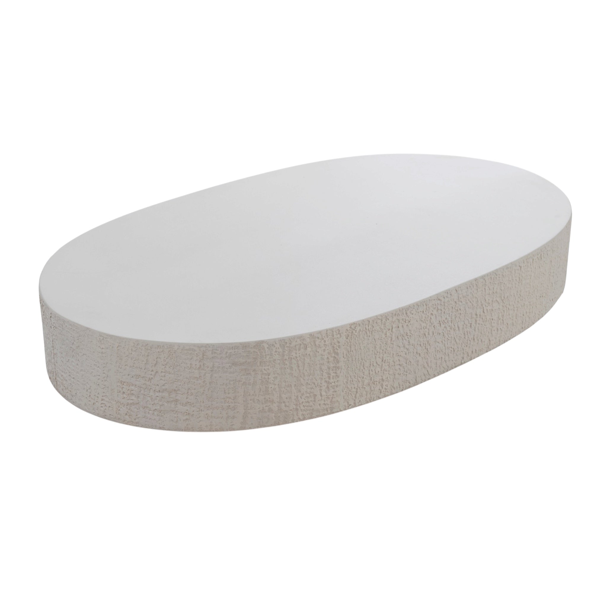 An oval-shaped coffee table with a smooth grey top and a textured light grey side base, shown on a plain white background.