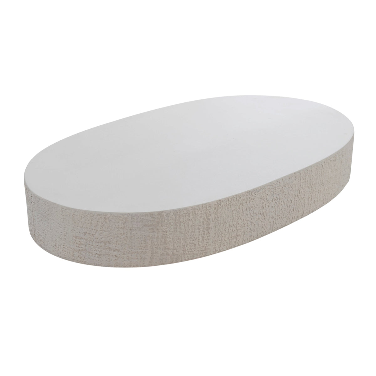 An oval-shaped coffee table with a smooth grey top and a textured light grey side base, shown on a plain white background.