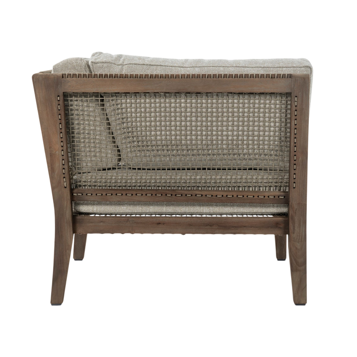 Rear view of Gazzoni corner chair featuring woven backrests and reclaimed teak frame