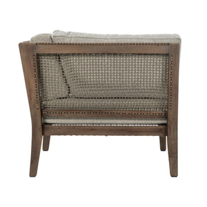 Rear view of Gazzoni corner chair featuring woven backrests and reclaimed teak frame