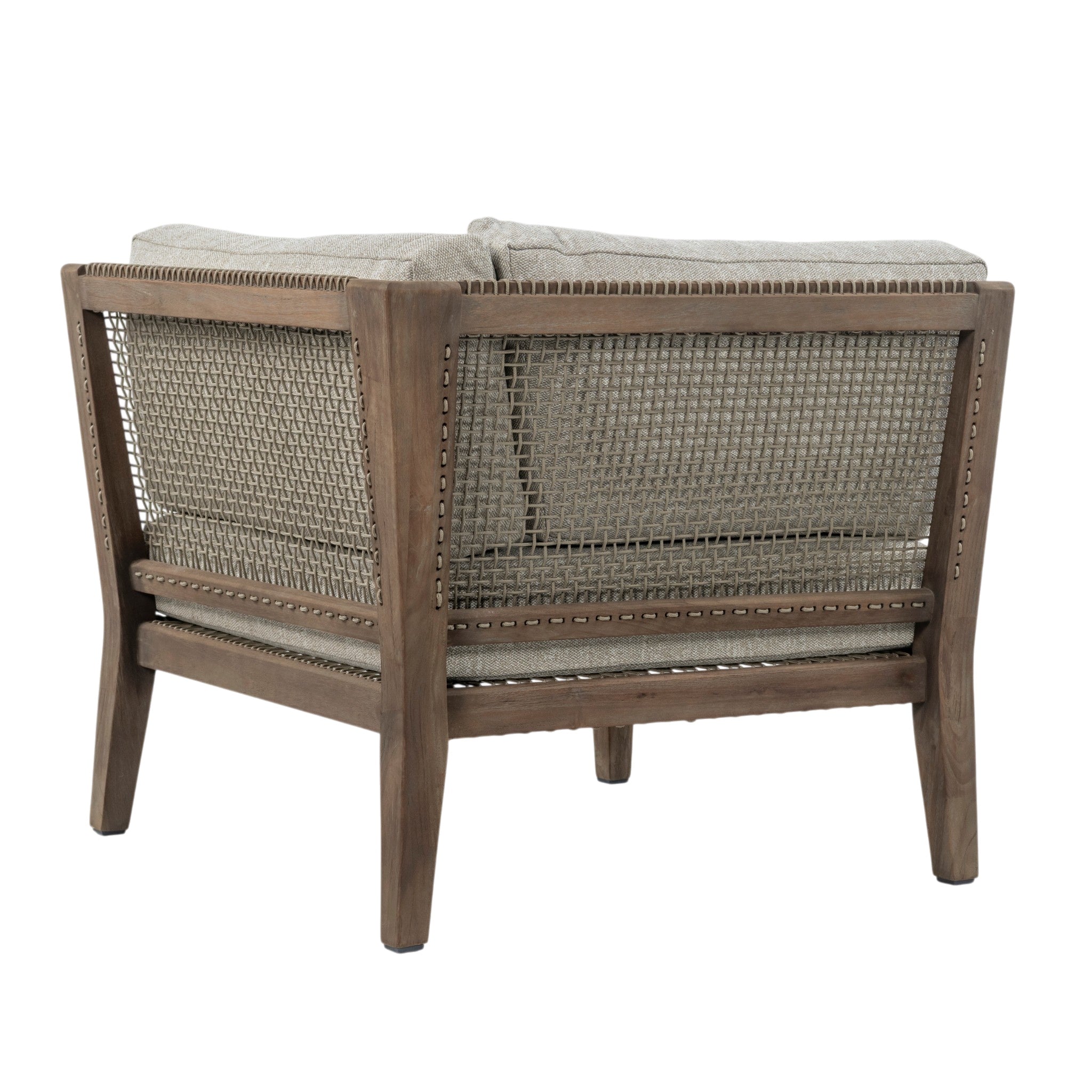 Rear three-quarter view of Gazzoni reclaimed teak corner chair showing woven detailing on both backrests
