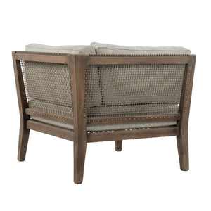 Rear three-quarter view of Gazzoni reclaimed teak corner chair showing woven detailing on both backrests