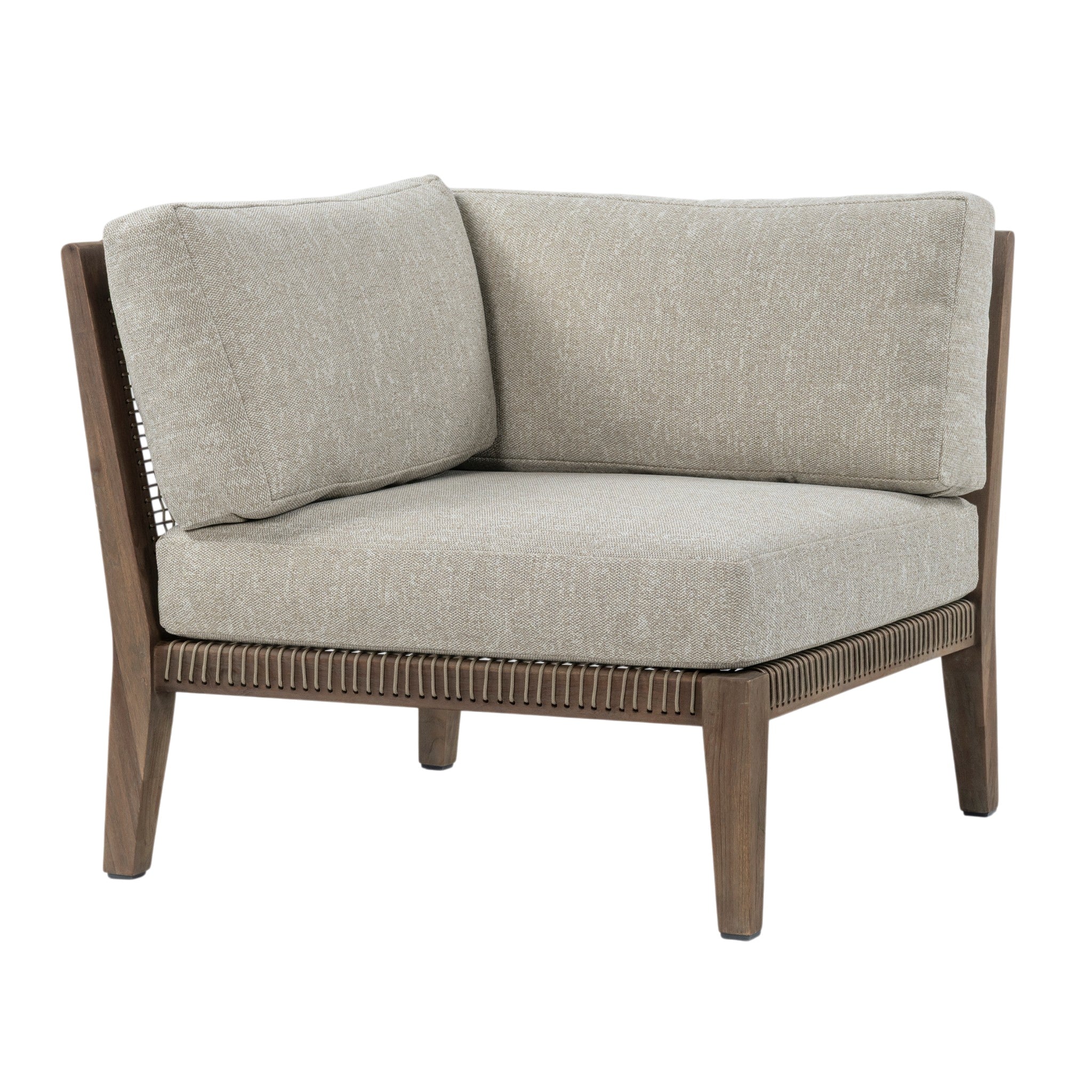 Gazzoni reclaimed teak sectional corner chair with Raffia Clay coloured cushions and woven detailing