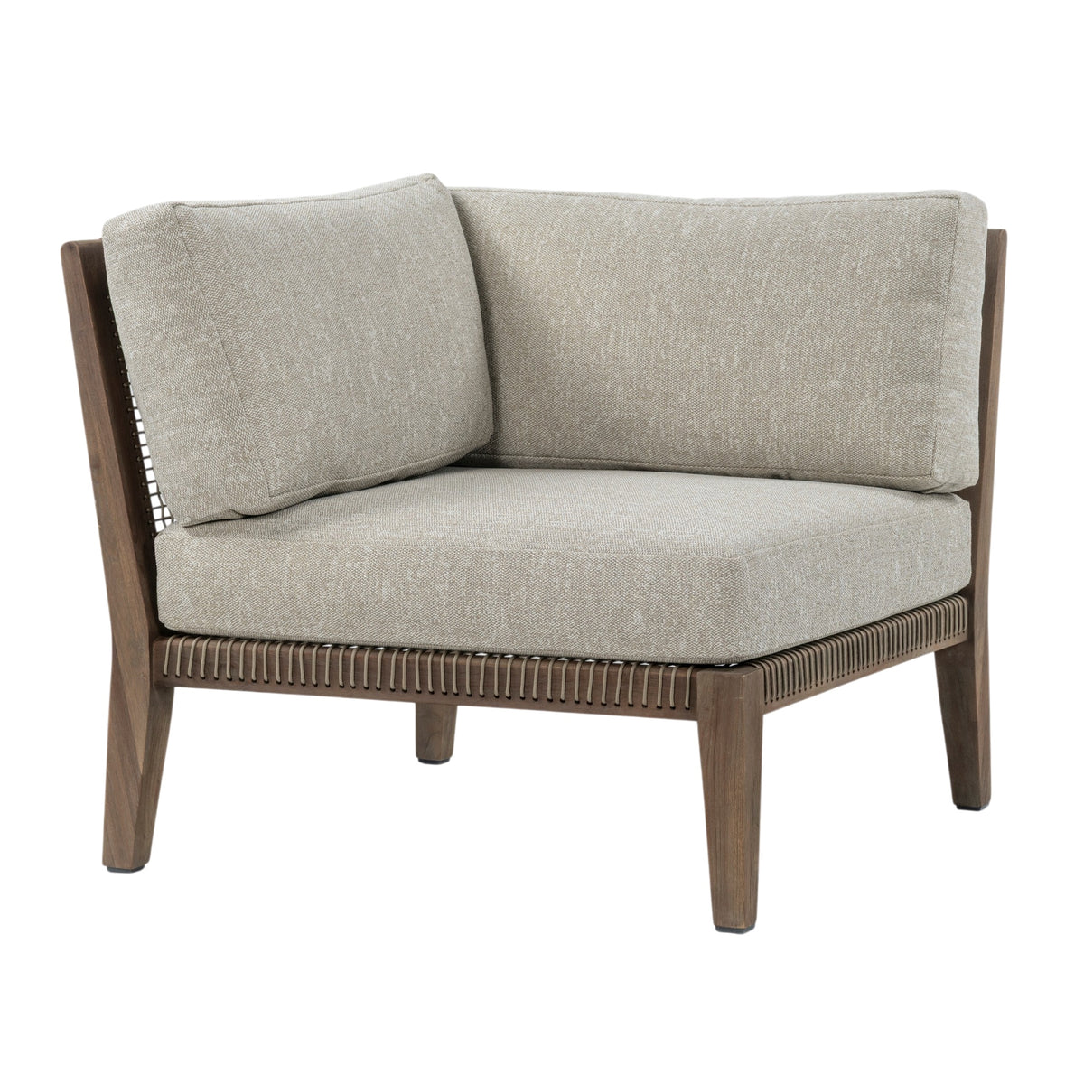Gazzoni reclaimed teak sectional corner chair with Raffia Clay coloured cushions and woven detailing