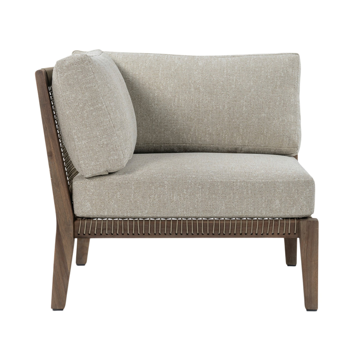 Side view of Gazzoni sectional corner chair showing reclaimed teak frame and Raffia Clay coloured cushions