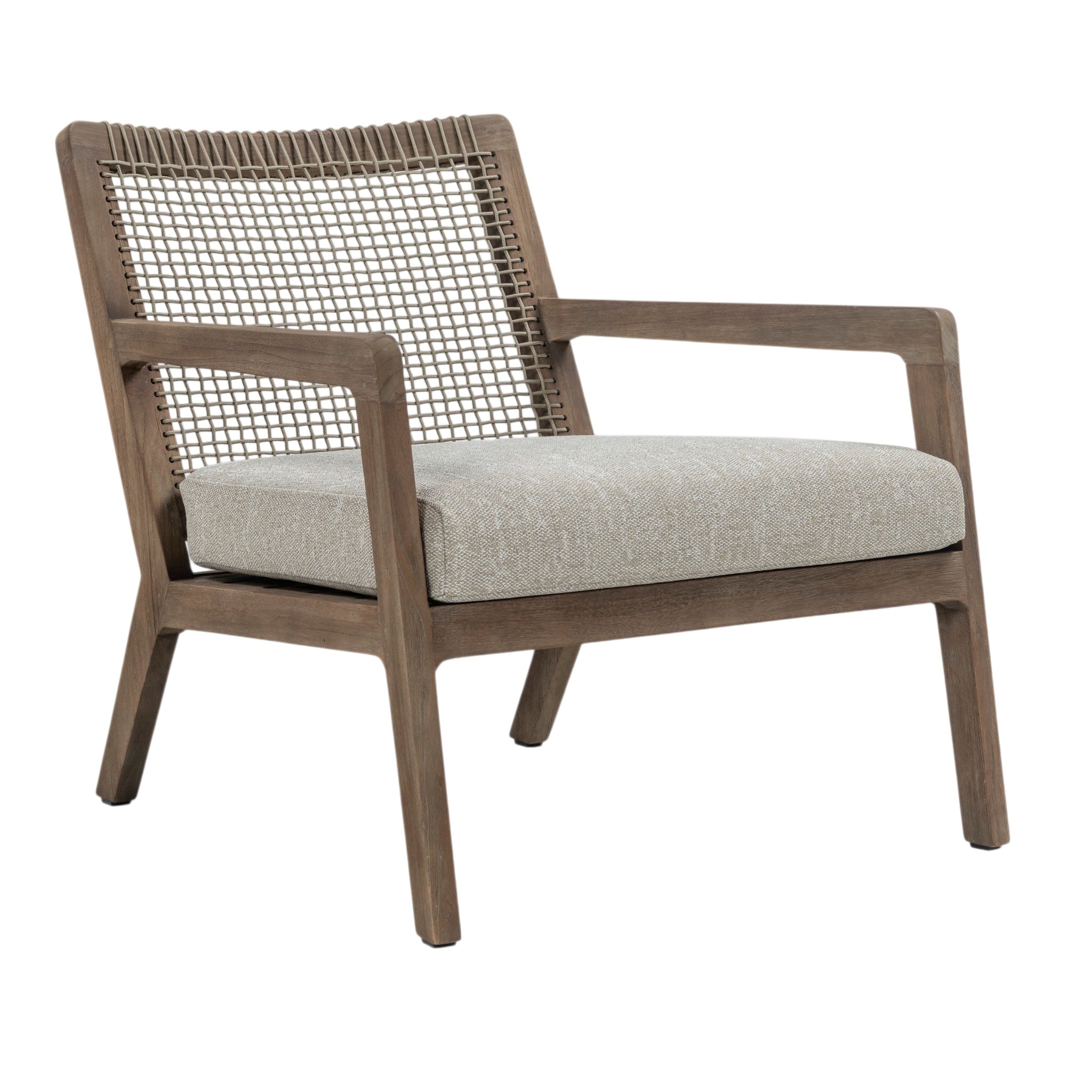 Gazzoni outdoor teak and rope lounge chair with woven backrest and neutral seat cushion, angled view
