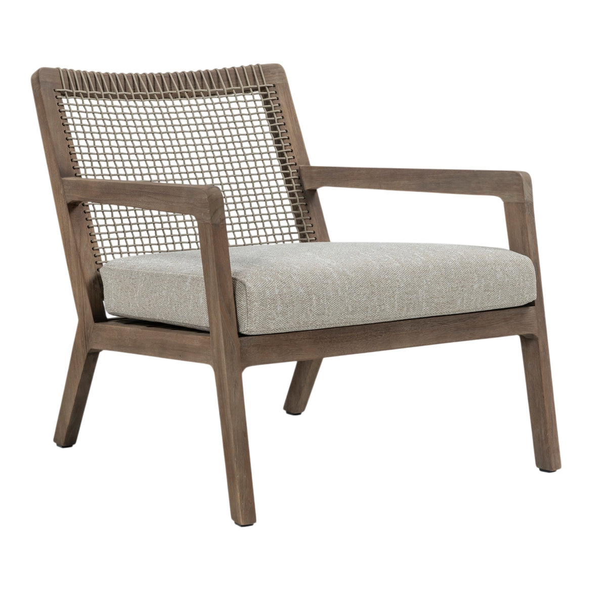 Gazzoni outdoor teak and rope lounge chair with woven backrest and neutral seat cushion, angled view