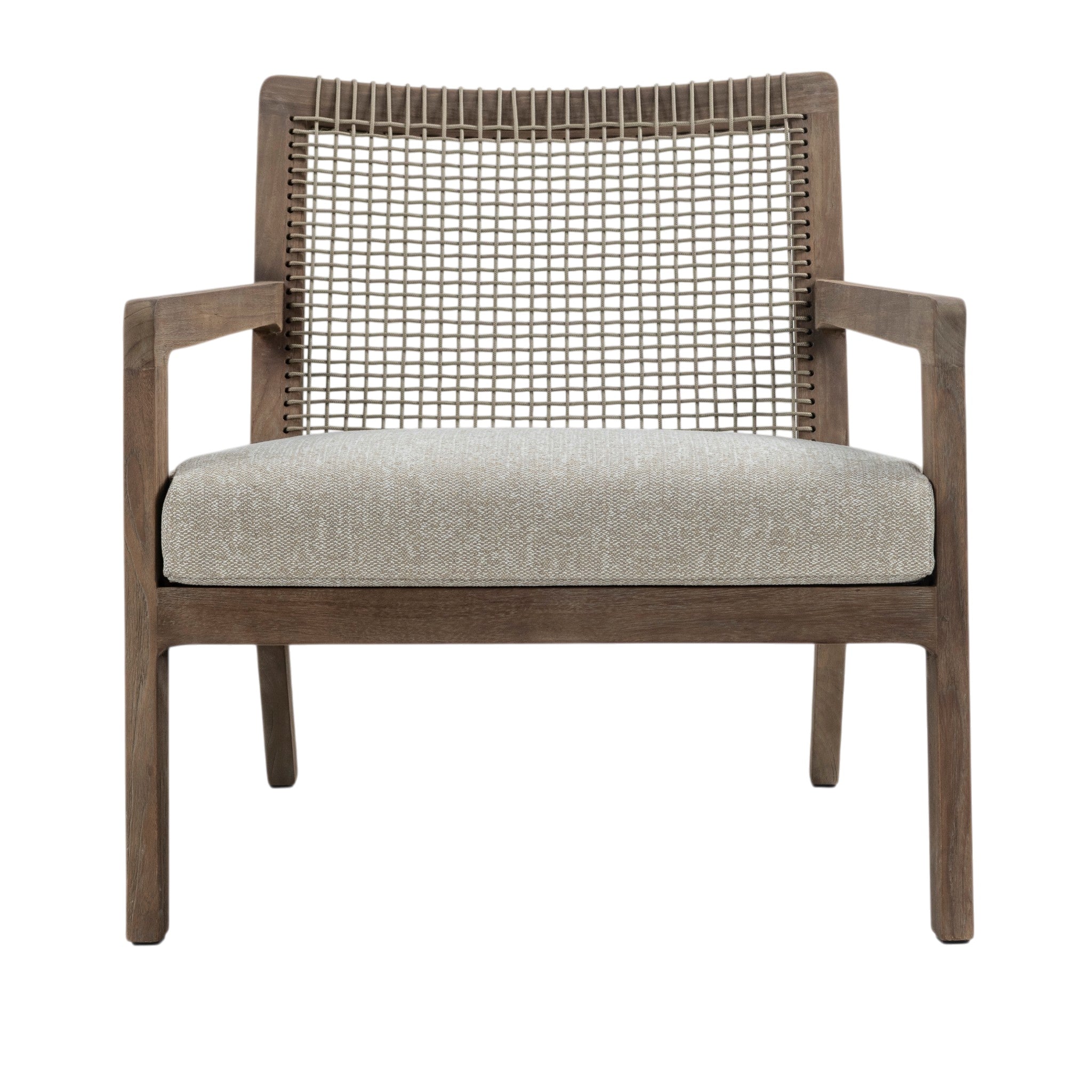 Front view of Gazzoni teak lounge chair featuring woven rope backrest, timber armrests and upholstered seat cushion