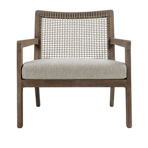 Front view of Gazzoni teak lounge chair featuring woven rope backrest, timber armrests and upholstered seat cushion
