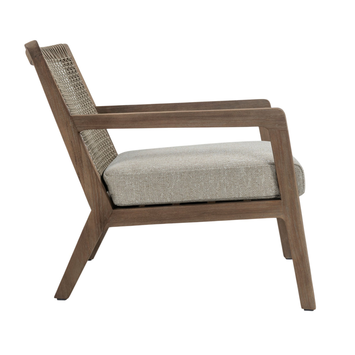 Side profile of Gazzoni outdoor lounge chair showing angled teak frame, rope backrest and cushioned seat