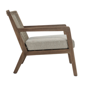 Side profile of Gazzoni outdoor lounge chair showing angled teak frame, rope backrest and cushioned seat