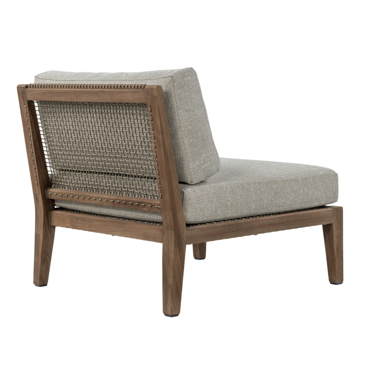 Rear three-quarter view of Gazzoni centre chair with woven backrest and reclaimed teak frame
