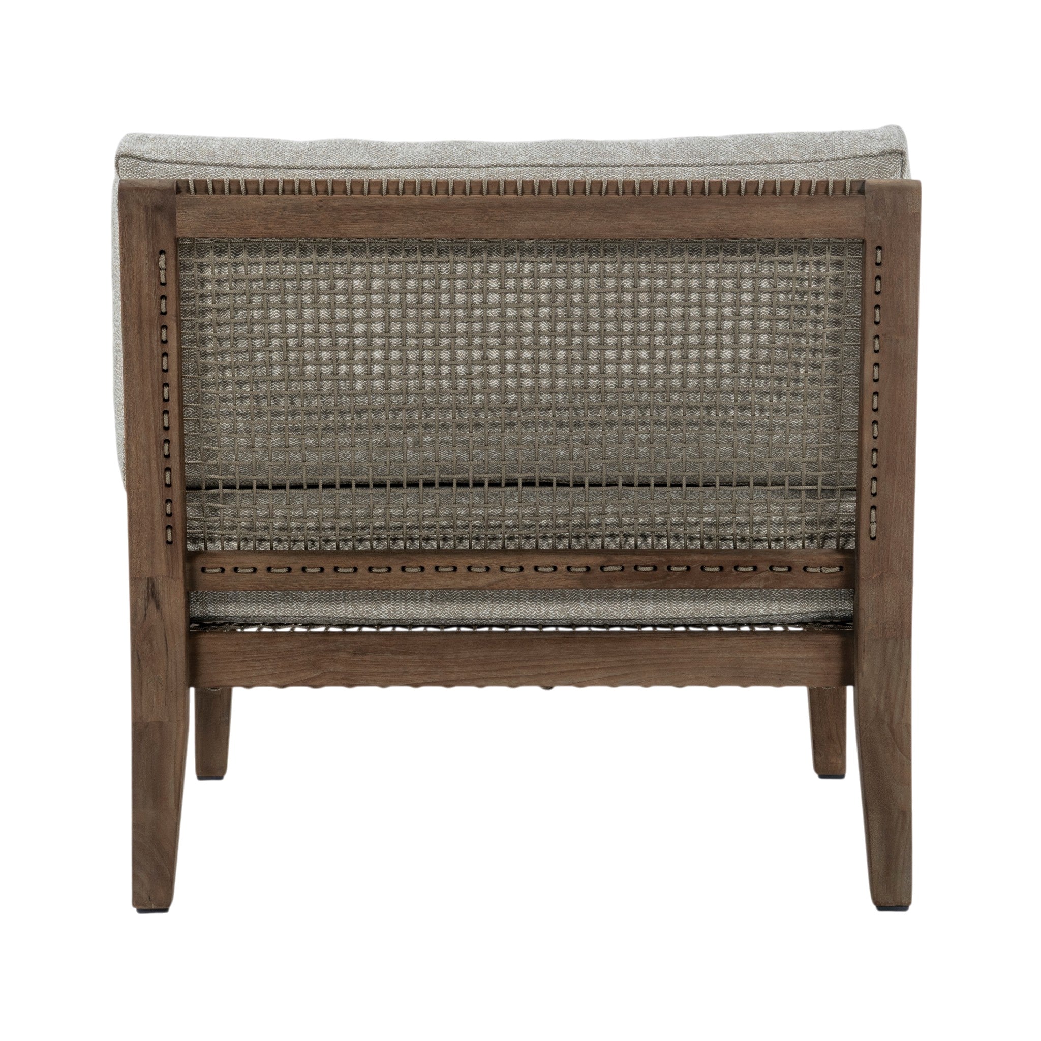 Rear view of Gazzoni reclaimed teak centre chair showing woven backrest detailing