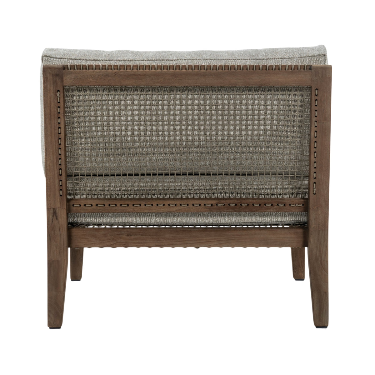 Rear view of Gazzoni reclaimed teak centre chair showing woven backrest detailing