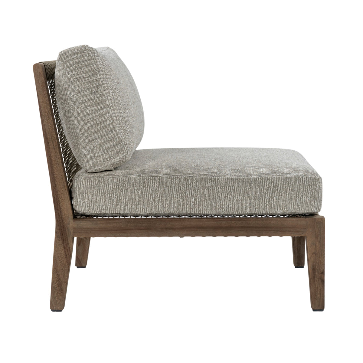 Side view of Gazzoni sectional centre chair showing reclaimed teak frame and Raffia Clay upholstery