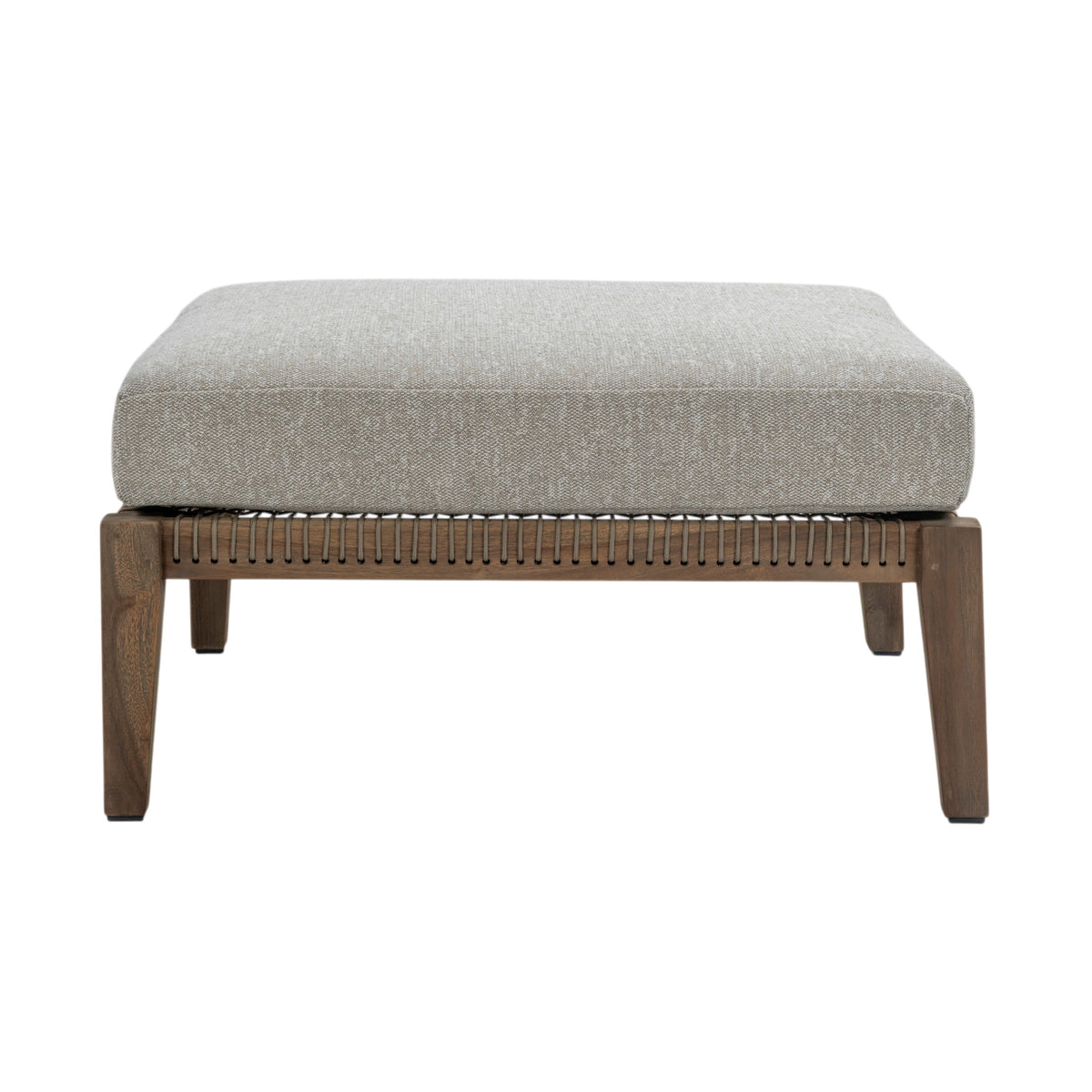 A modern square ottoman with a light gray textured fabric cushion and a medium brown wooden base with slatted detailing, shown against a plain white background.