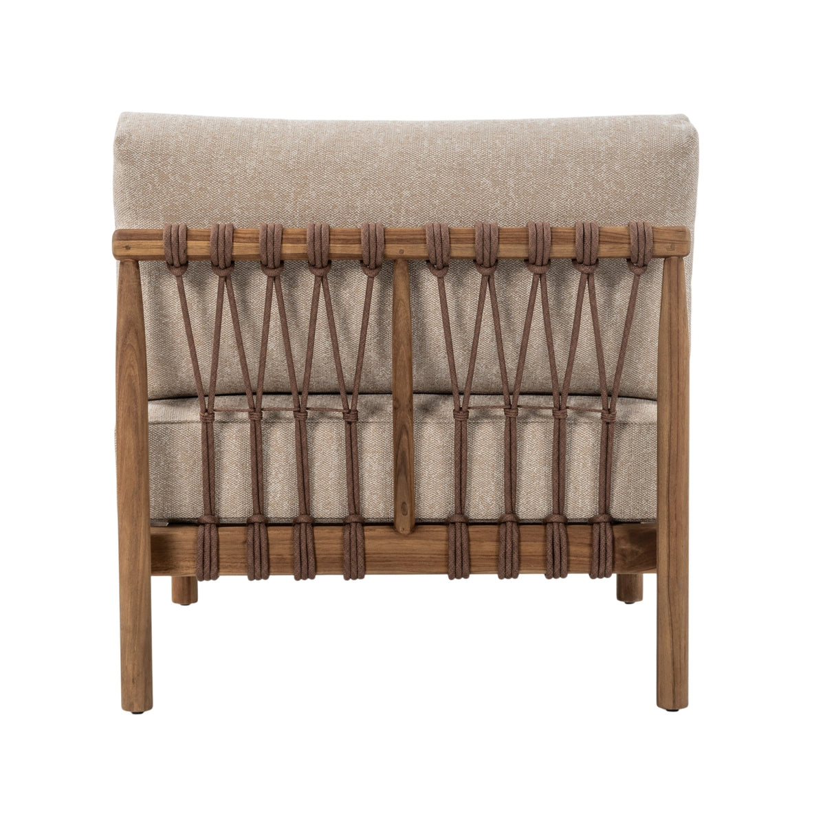 Rear view of Giovanni modular centre seat featuring vertical rope weaving and teak detailing