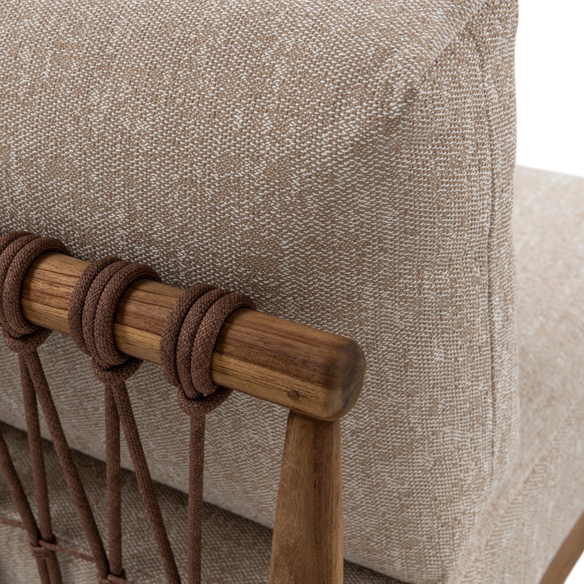 Close-up of Giovanni modular seating showing woven rope detailing, teak frame and cushion fabric