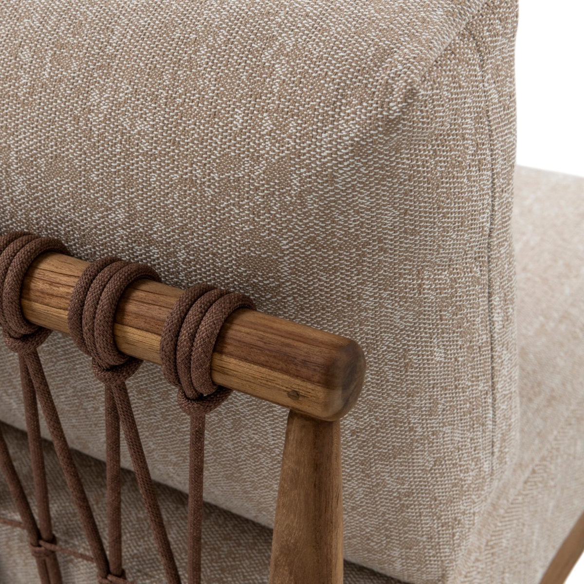 Close-up of Giovanni modular seating showing woven rope detailing, teak frame and cushion fabric