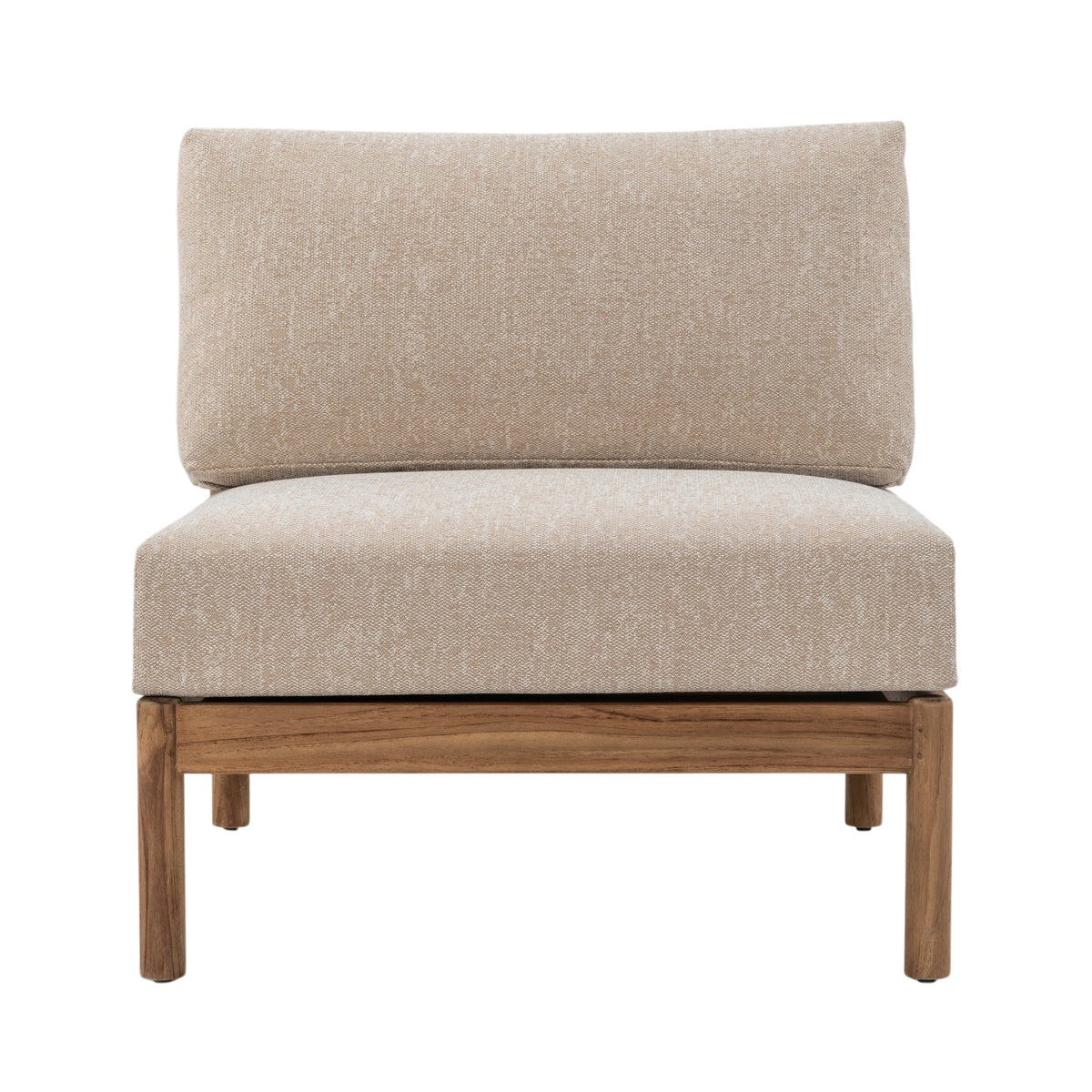Front view of Giovanni teak and rope modular centre seat with upholstered cushions