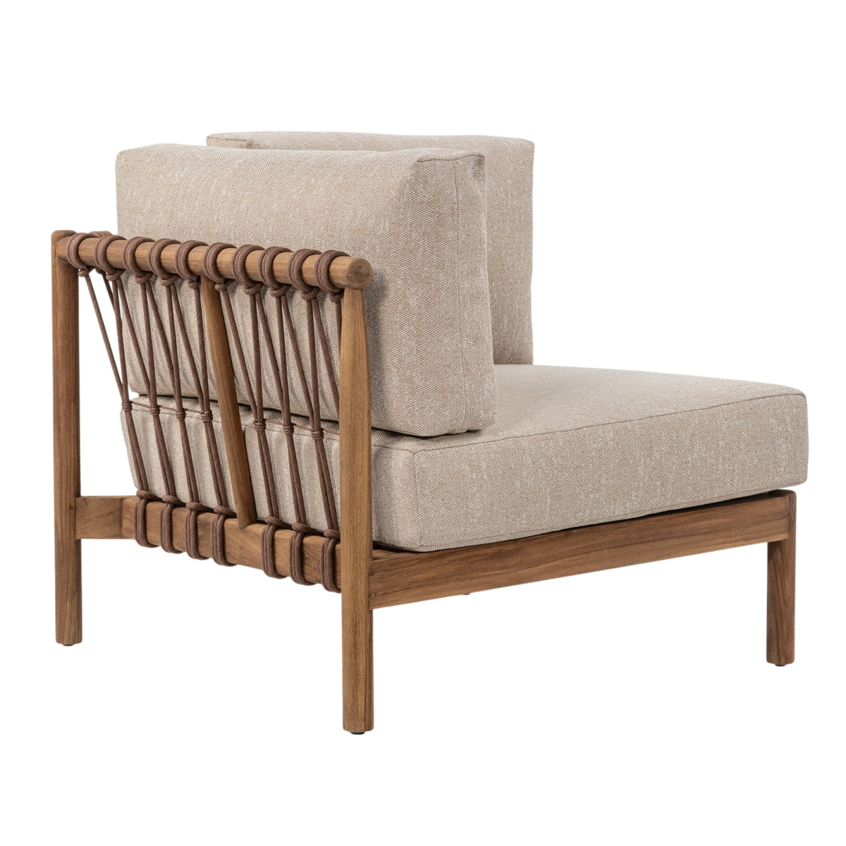 Giovanni teak modular corner seating showing woven rope side and backrest