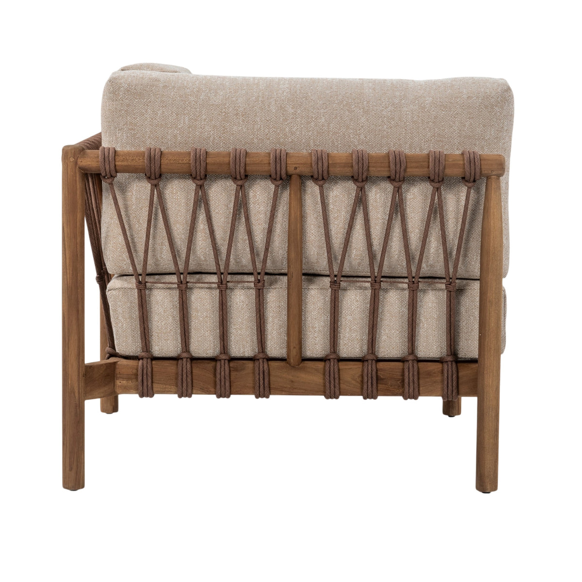 Rear view of Giovanni modular corner seating with decorative rope weaving and teak frame